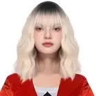 14 Inches Blonde Wig Short Curly Wig with Bangs Platinum Blonde Ombre Wig Syn...