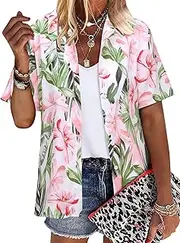 [ZXZY] Women Summer Hawaii Shirts Soft Cool Floral Tropic Print Short Sleeve Button Up Tops T-Shirt