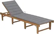 Folding Acacia Lounger - Solid Wood Sun Lounger, Camp Beach Chair with Outdoor Furniture & Grey Cushion for Deck, Foldable Design, Lazy Seating