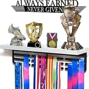 Trophy and Medal Display Shelf, Wooden Rack for Medals and Awards, Always Earned Never Given, 50+ Easy to Install (White)