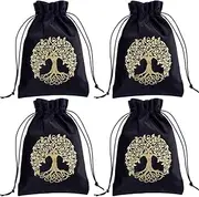 CREATCABIN 4 Packs Tree of Life Tarot Card Bag Tarot Card Packing Pouches Thick Velvet Drawstring Bag Black Protective Card Board Game Embroidery for Tarot Dice Card Jewelry Crystal Pouch 7x5.1 Inch
