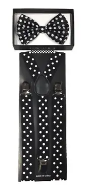 Black White Polka Dot Clip on Bow-Tie & Suspender Set Tuxedo Wedding Formal