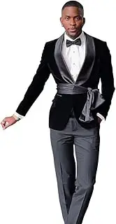 [PopEle] New Men Velvet Shawl Lapel Slim Fit Suit Grooms Wedding Black Tuxedo Blazer Satin Belt Pants