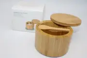 Round 6 oz Bamboo Salt Box Spice Storage Container Magnetic Swivel Lid Cap Spoon