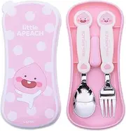 Kakao Friends - Easy Washing Clean 304 Stainless Steel Spoon & Fork (1.1 inch x 5.6 inch) with Wide Case Tableware Set for Kids, Pink (Little Apeach)