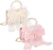 [Mezchi] 2 Pack Kids Purse for Little Girls, Mini Toddler Crossbody Purse with Bowknot, Cute Fashion Princess Handbags with Pearl Handle, Detachable Gold Chain, Pink, Beige