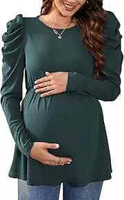 [KOJOOIN] Women's Maternity Tops Puff Long Sleeve Shirt Casual High Waisted Pregnancy Fall T Shirts Round Neck Tunic Top Blouse