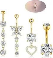 [Purbeaut] 4pcs 14G Belly Button Ring Gold Belly Button Ring 316L Surgical Steel Belly Rings Dangle Belly Button Rings Clicker Belly Button Piercing for Women Gold/Silver, Stainless Steel, cubic