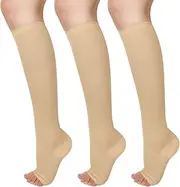 3 Pairs Open Toe Compression Socks Women Knee High Toeless 15-25 mmHg