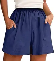 [Generic] Shorts with Elastic Waist for Women Women Casual Shorts Comfy Elastic Waist Summer with Pockets Cotton and Linen Wide Leg Shorts Jean Shorts Women Stretchy