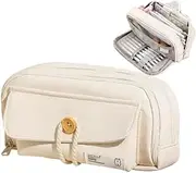 Kawaii Canvas Pen Pouch Bag with Large Capacity and Multi-Layered Organization (Beige)