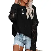 Nevenka Womens Lace Crochet Sweaters Casual Cable Knit Pullover-Black