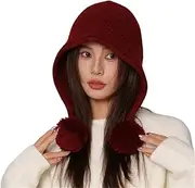[Generic] 100% Wool Winter Hats Women Girls Soft Knitted Beanie Fashion Warm Ear Flaps Hat Outdoor Ski Skull Cap with Pom Poms