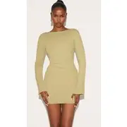 Olive Onion Skin Boat Neck Flute Sleeve Mini Dress, Olive