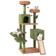 Costway Modern Cat Tree Tower Cactus Sisal 7-layer Scratching Posts Ball/Ramp/2 Condos/Washable Cushion/Platform Cat Furniture Green
