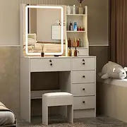 [Umeiga] Hollywood Vanity Set, Bedroom Furniture Makeup Table with Sliding Mirror and 3 Color Modes, Vanity Table with Powerful Drawers and Cabinets for Girls and Women