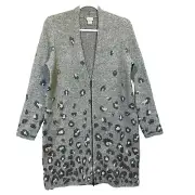 Chicos Womens Cardigan Sz 4 Small Gray Animal Print Jacquard Long Zip Front NEW