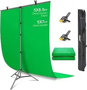 EMART Green Screen with Backdrop Stand, 1.5x2.0m(5x7ft) GreenScreen with 1.5X 2.6m(5X 8.5ft) T-Shape Background Support, Photography Studio Kit for Chroma Key, Video, Shooting, Streaming
