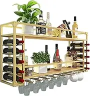 Metal Wine Rack Bar Shelves Wall Mounted with Hanging Wine Glass Liquor Bottle Display Shelf with Led Strip Bar Glass Storage Shelves Wall Bar Cabinet Kitchen Storage for Home Dining Room/D