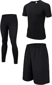 [GUANYUA] Men’s Compression Black 3-Pcs,Men Shorts + Short Sleeve + Fitness Pants Gym Clothing Set, Quick-Drying Men's Sportswear black-3pcs-S