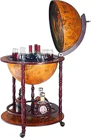 [Maxkon] Antique Globe Bar Stand Wooden Cabinet Cart Drinks Rack Wine Storage Serving Trolley Bottle Mini Round Alcohol Mobile Stand Mid-Century 55x55x95cm