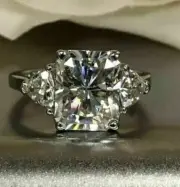 3.40 Ct Radiant-Cut Real Moissanite Three Stone Engagement Ring 14K White Gold