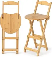 [Giantex] Folding Bamboo Bar Stools with Backrests, Wooden Counter Height Barstool Set with 2-Tier Footrests & Handles, Armless Dining Chairs for Home Bistro Cafe, No Assembly, 2-Pack, Natural