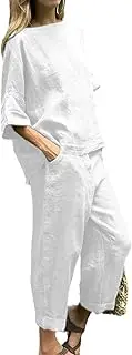 [HanzhuoLG] Women's Cotton Linen Tracksuit Set Summer Solid Color Casual Loose Half Sleeve Linen Shirt & Pants Two Piece Set White Small