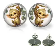 Baby Monkey Glass Top Stud Earrings 3 Sizes Handmade Wild Life Photo Jewelry