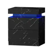 Oikiture Bedside Table 2 Drawers LED Marble Effect Black
