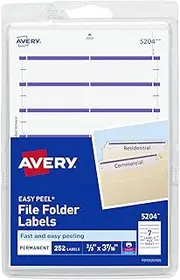 Avery File Folder Labels on 4" x 6" Sheets, Easy Peel, White/Purple, Print or Write, 2/3" x 3-7/16", 252 Labels (5204)