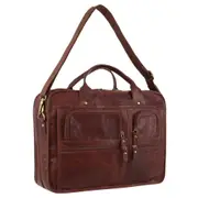 Pierre Cardin Unisex Rustic Leather Computer Travel Carry On Bag Chestnut