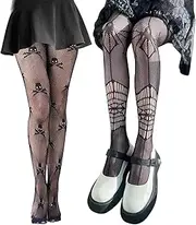 [Giugio] 2 Pairs of Fishnet Tights Black, Halloween Spider Web Tights, Net Tights Skull Spiders, Skeleton Tights Women, Halloween Costume Accessories, Day of The Dead Festival, Carnival Stockings