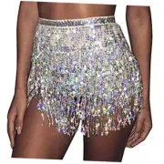 Boho Fringe Skirt Sequin Tassel Belly Dance Hip Scarf Rave 66 Short A Silver