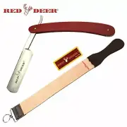 Red Reusable Straight Razor and Professional Barber Leather Strop Set