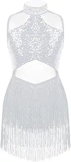 [inhzoy] Kids Girls Latin Dance Dress Mesh Rhinestone Tassel Dress Samba Jazz Salsa Tango Rumba Ballroom Dancewear