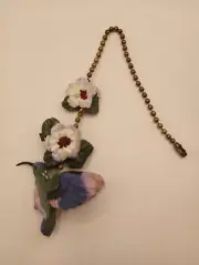 Fan or Light Chain Pull Cord Blue Hummingbird w/ Flowers Polystone Resin Cord