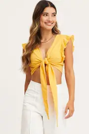 Yellow Crop Top Short Sleeve Tie Front - Size M, Women's Crop Top