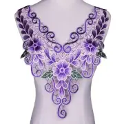 Purple Floral Decor Applique Lace Neckline Embroidery Wedding Fabric Patches 1pc