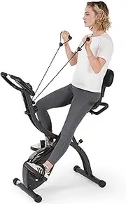 Folding Exercise Bike Stationary Bike Recumbent Exercise bike with 10 Level Adjustable Magentic Resistance and Arm Resistance Band LCD Display Support Backrest Wide Seat 300LB Capacity for Home