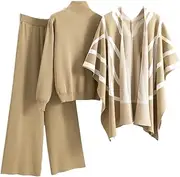 [Generic] Women Knitted Spring Three Piece Set Fcasual Pullover Sweater Stripe Shawl Wide Leg Pants Outfits