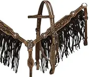 Showman Double Stitched Leather Headstall & Breast Collar Set w/Brown Suede Fringe & Floral Tooling w/Reins! New Horse TACK!