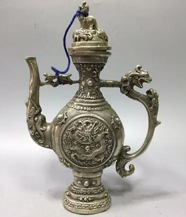 古董古玩復古純銅茶壺龍鳳呈祥小銅壺龍飛鳳舞酒壺乾隆年造銅壺1入| 銀 