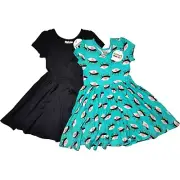 2 Dot Smile Girl 3 4 Teal Monster Eye Solid Black Cap Sleeve Twirl Dress Lot NWT