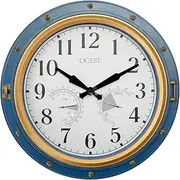 OCEST Indoor Outdoor Clock, 16 Inch Waterproof Wall Clock with Thermometer Hygrometer, Silent Non-Ticking Battery Operated Wall Clock for Home Decor, Patio(Blue)