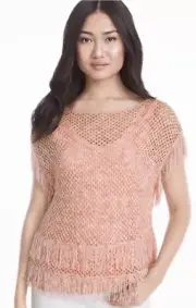 WHITE HOUSE BLACK MARKET Blouse Top Size S Women Peach Fringe Short Sleeve NWT