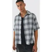 Mens Grey Short Sleeve Checked Oversized Shirt