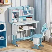 Sarkoyar Adjustable Kids Desk Chair Set, Ergonomic Children Study Table Chair Combo with Storage Drawer, Wide Desktop, Book Organizer, Student Homework Station for Ages 7-12 Blue