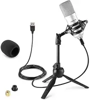 Vonyx CM300S Studio Microphone USB Professional Recording MIC Echo Silver Computer Broadcasting Streaming MIC Bundle Shock Mount and Desk Tripod Stand