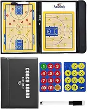 Basketball Coaches Tactical Board with Magnetic Pieces + Dry Erase Marker Pen, Portable PU Leather Cover Boards Foldable Strategy Coaching Clipboard, Tactical Magnetic Coaches Board Kit